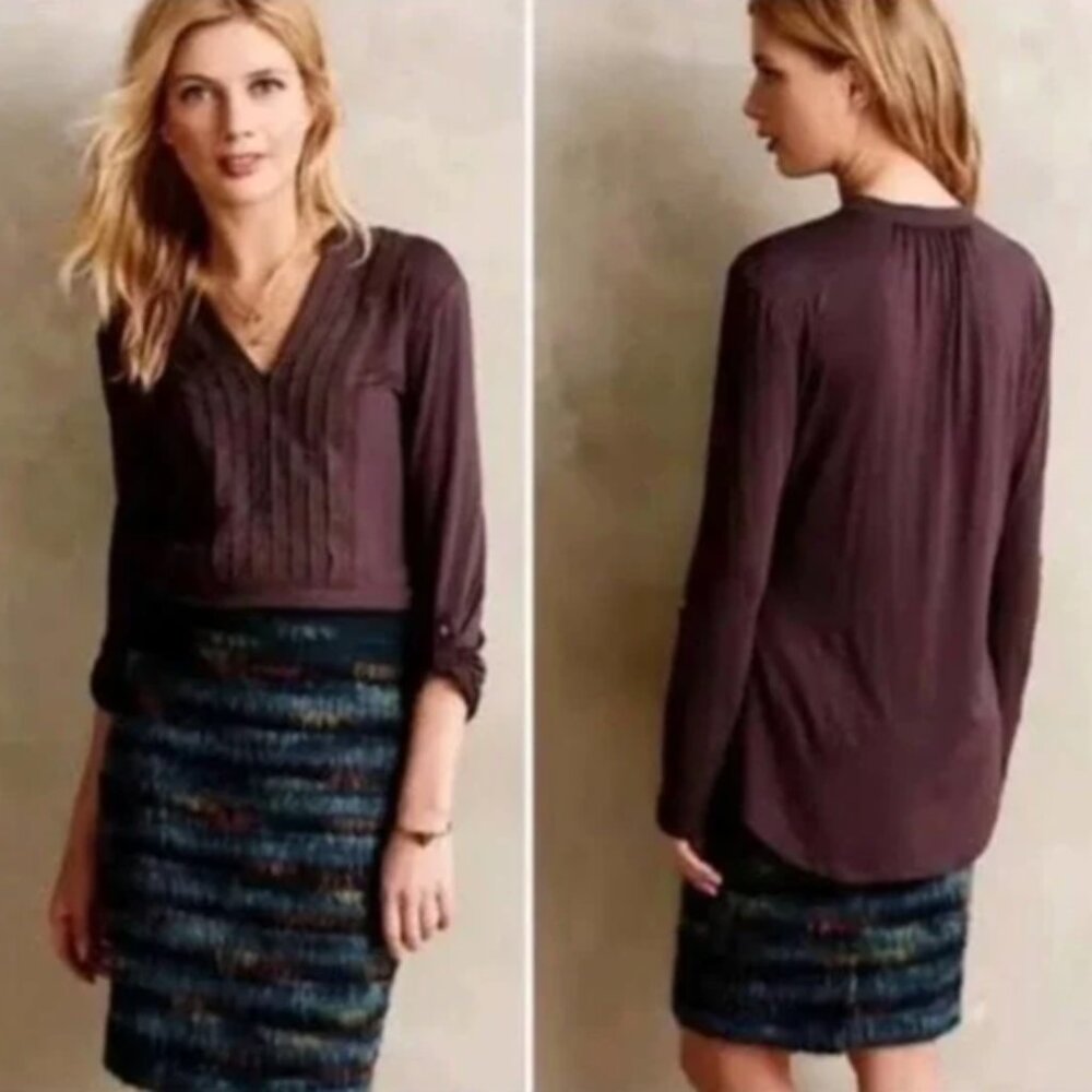 Anthropologie Dolan Pintucked Bryn Henley Pop Over Brown Raisin Top US Size L